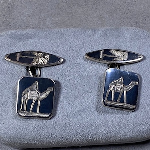 Camel Cufflinks. Siam Niello. Silver Black enamel imitate with camel
