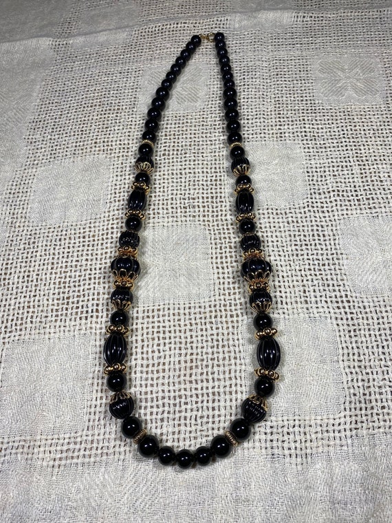 Signed Trifari Black and Gold Beaded Necklace - image 1