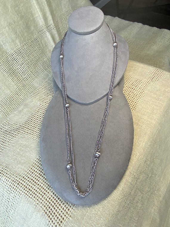 Vintage Signed Monet Long Silver Tone Necklace - image 2