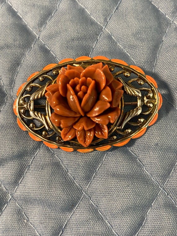 Art Deco Gold Washed Carved Rose Brooch - image 6