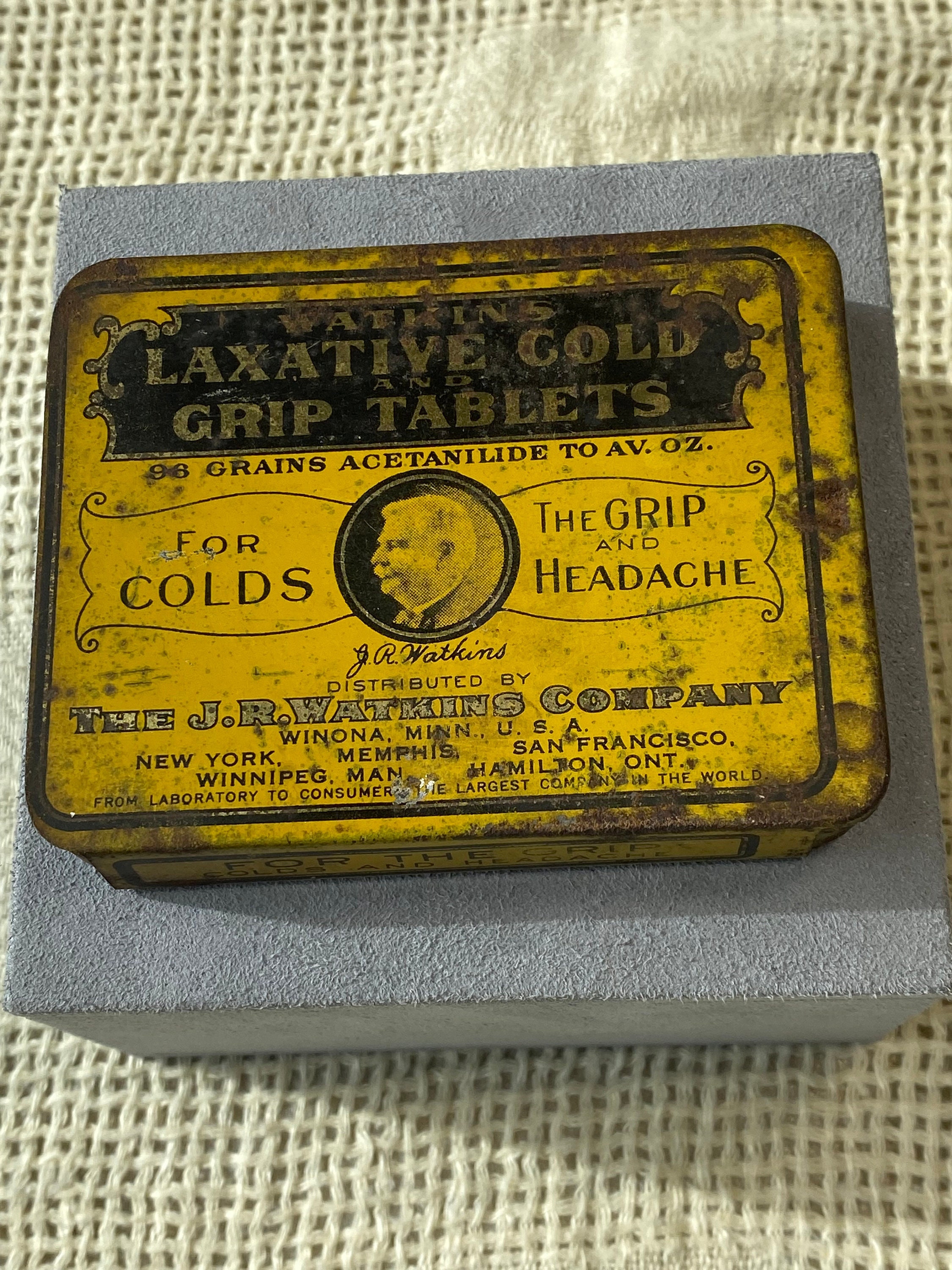 tobacco laxative Vintage Watkins Laxative Cold Grip Tablets Tin