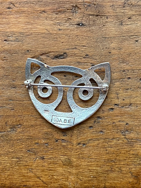 Vintage Sterling Silver Cat Face Brooch Signed ABE - image 4