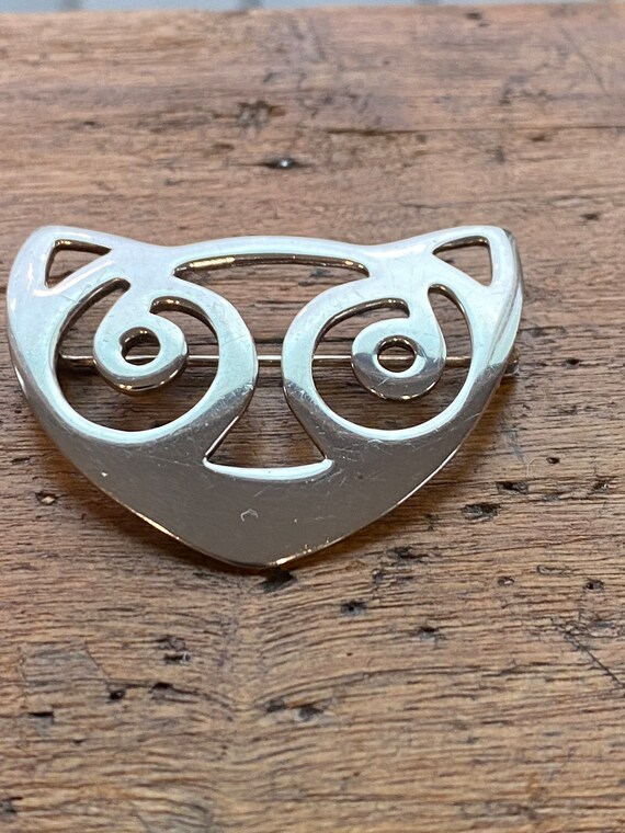 Vintage Sterling Silver Cat Face Brooch Signed ABE - image 2