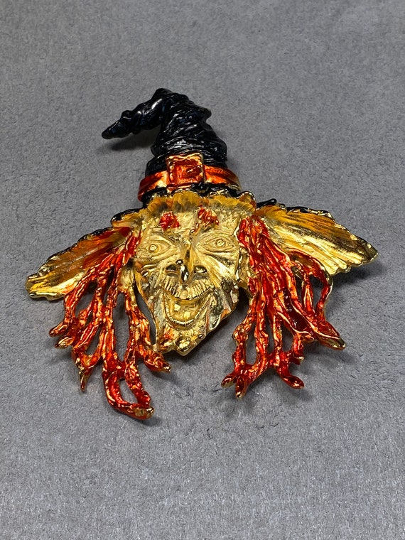 Signed JJ Gold Tone Wicked Witch Halloween Brooch