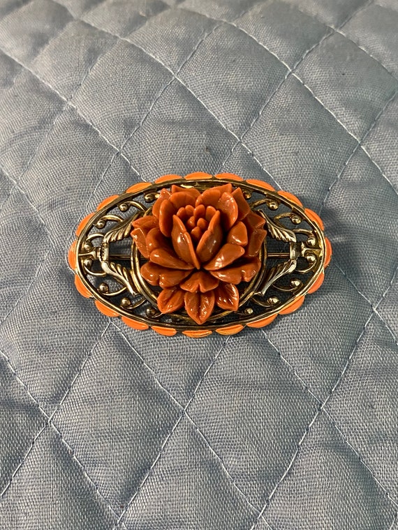 Art Deco Gold Washed Carved Rose Brooch - image 2