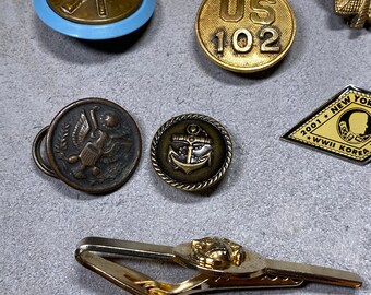 8 Piece Variety of Military Gold Tone Lapel Pins, Buttons