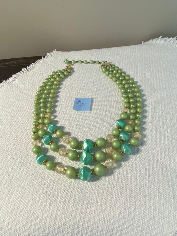 Vintage Japan 3 Strand Green Bead Choker Necklaces - image 5