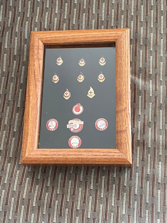 Red Cross Blood Donor Pins in Shadow Box