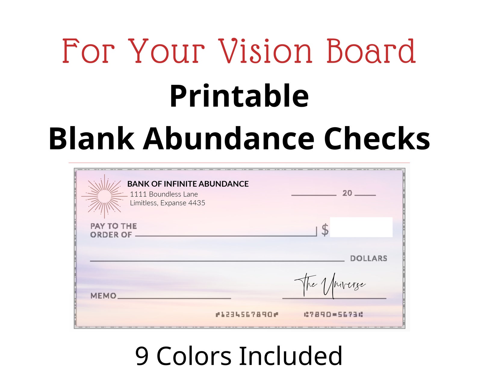 Printable Blank Abundance Checks for Your Vision Board, Law of Printable Blank Abundance Checks for Your Vision Board, Law of