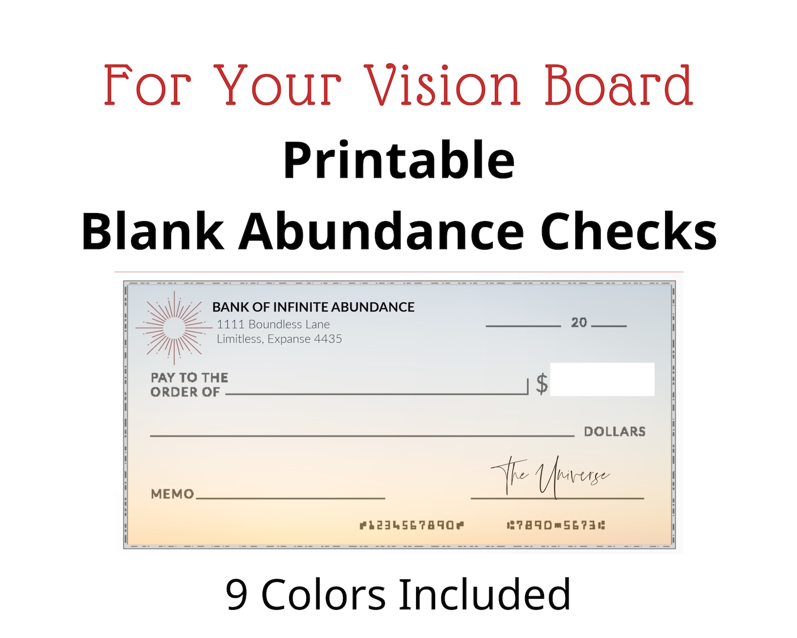 Printable Blank Abundance Checks for Your Vision Board, Law of