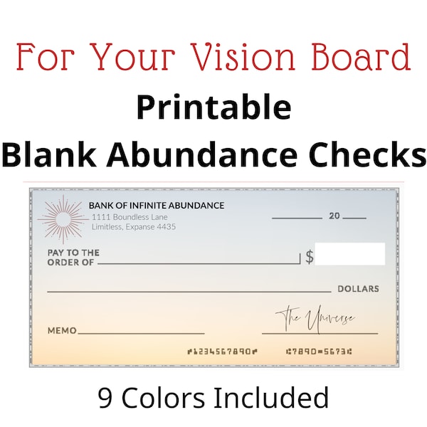 Printable Blank Abundance Checks For Your Vision Board, Law of Attraction, & Goal Setting Manifestations (9 Colors)