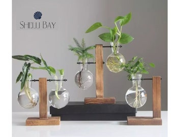 Glass Vase Plant Propagation Station with wooden stand, Glass propagation stand, Vintage style propagation stand  vase hydroponic glass vase