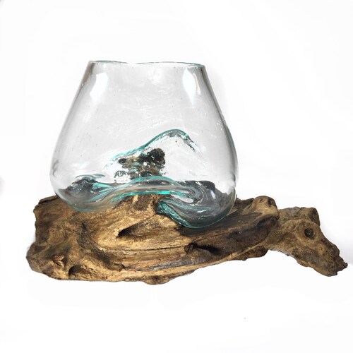 Molten Glass on Driftwood Small 5" to 5" H x 6" L Terrarium, Vase, Fairy Garden Hand Blown