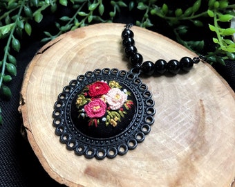 Handmade Floral Embroidery Necklace, Vintage Black Frame, Beaded Pendant