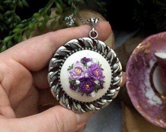 Hand Embroidered Necklace Pendant,Lilac Flower Bouquet Embroidery,Purple Round Modern Floral Embroidery Necklace Gift for Women,Free Ship