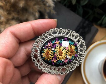 Handmade Embroidery Necklace,Hand Embroidered Sunflower Pendant Brooch Pin, Silver Wildflower Embroidered Jewelry,Gift for Her,Women,Mom