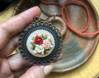 Hand Embroidered Floral Necklace, Vintage Style Copper Pendant