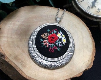 Hand Embroidered Floral Pendant Necklace ,Flower Bouquet Embroidery Jewelry,Black Frame Vintage Gift for Women,Free Ship