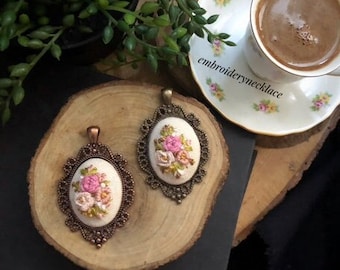 Embroidery Necklace Pendant, Floral Bouquet Hand Embroidered Jewelry, Fabric Art Vintage gift for women, Christmas gift for her