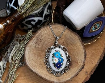 Vintage Style Embroidered Floral Necklace, Handmade Pendant
