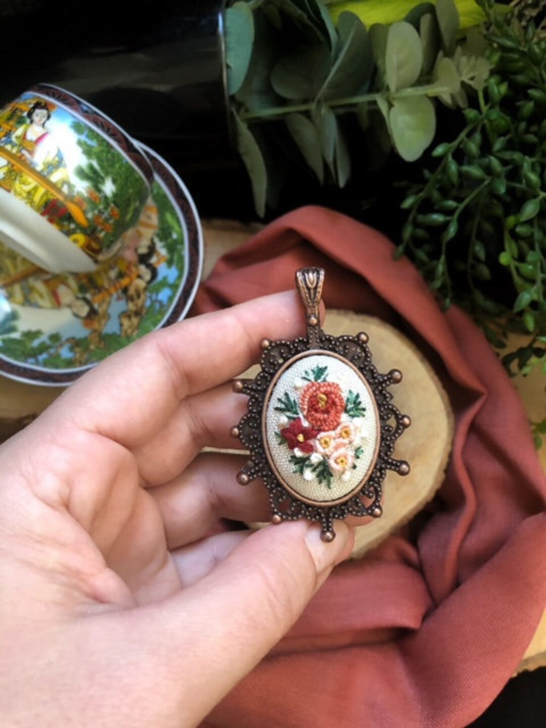 Hand Embroidery Flower Bouquet Necklace Pendant, Embroidered Vintage Jewelry, Copper Unique