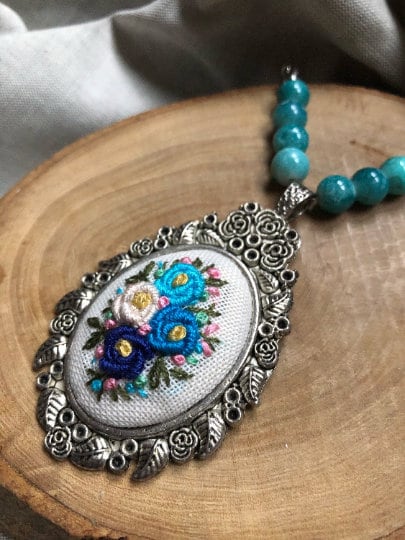 Hand Embroidered Necklace PendantBlue Bead Floral Embroidery | Etsy