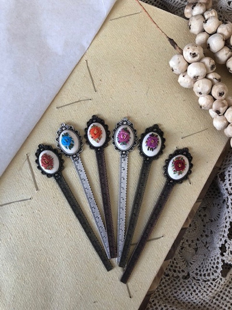 Flower Bookmark Ruler Hand Embroidery Ruler Metal Bookmark, Flower Embroidered Vintage Style ...