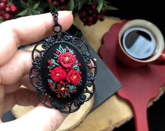 Hand Embroidered Floral Bouquet Necklace,Flower Embroidery Black Pendant Jewelry,Modern Embroidery Gift for Her,Women