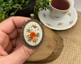 Hand Embroidered Jewelry, Flower Bouquet Embroidery Necklace, Bronze Vintage Pendant, Gift for her,Women,Mom
