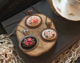 Embroidery jewelry,Embroidery Necklace Pendant,Embroidered Floral Necklace,Embroidered Jewelry,Gift for her,women