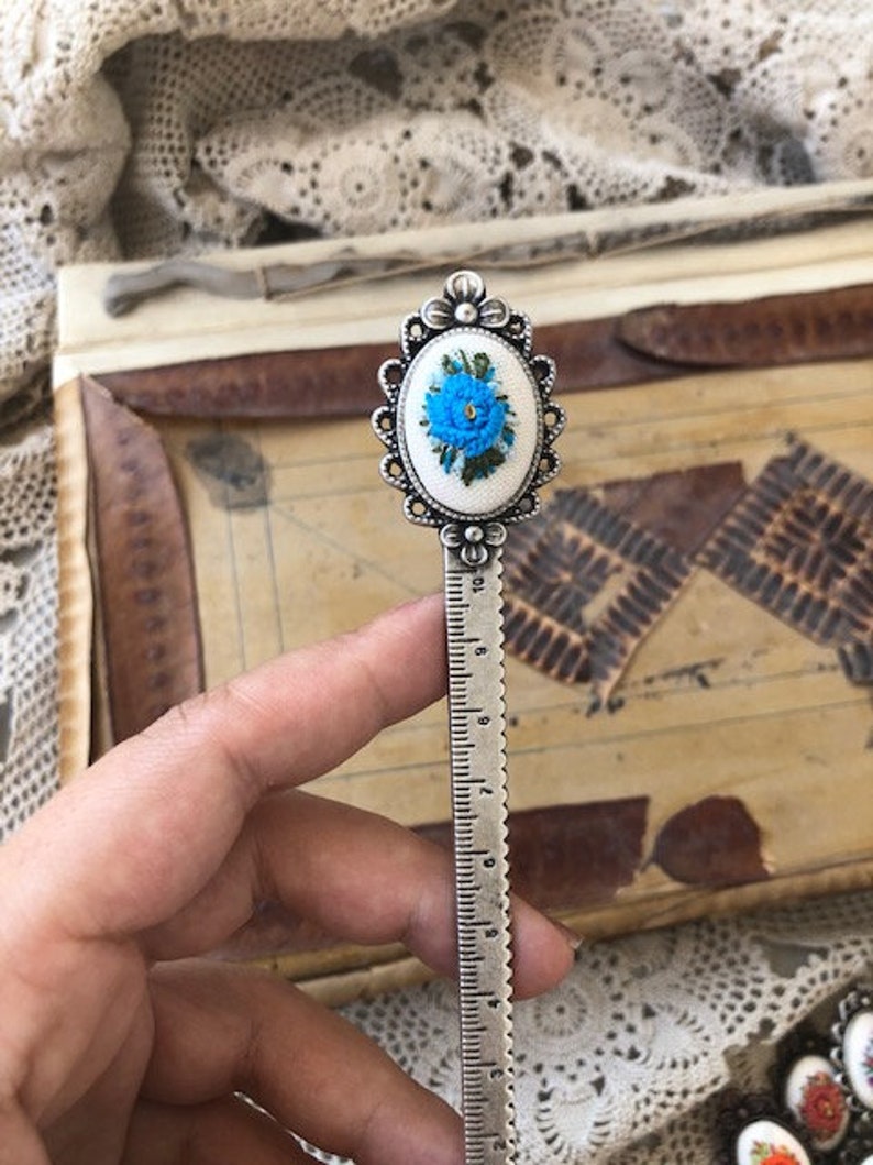 Flower Bookmark Ruler Hand Embroidery Ruler Metal Bookmark, Flower Embroidered Vintage Style ...