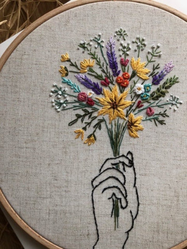 Flower Bouquet Embroidery Line Art Floral Hand Embroidered Hoop Art Modern Stitching Gift One Line Embroidery Wall Decor Fiber Arts Embroidery Trustalchemy Com
