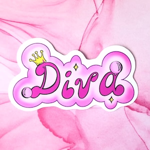 May include: Pink and white sticker with the word "Diva" in a bubble font with a gold crown above the "D".