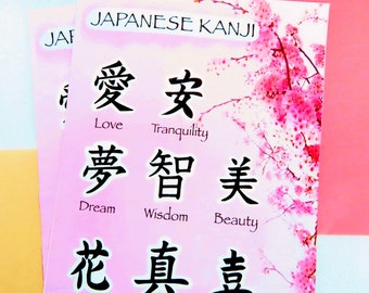 Hoja de pegatinas de kanji japonés con traducciones
