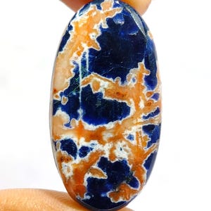 May include: An oval-shaped cabochon gemstone featuring a deep blue base colour with intricate, branching patterns in shades of orange and white. The stone has a smooth, polished surface and a distinct, natural-looking vein structure throughout.