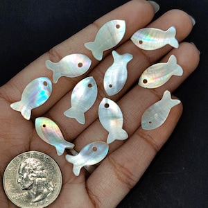 Może przedstawiać: Kolekcja iryzujących zawieszek w kształcie ryb z muszli. Każda zawieszka ma mały otwór u góry i subtelny, perłowy połysk. Moneta służy jako odniesienie do rozmiaru. Zawieszki są ułożone na ciemnym tle.