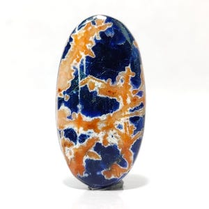 May include: An oval-shaped polished gemstone cabochon featuring a deep royal blue base colour with intricate, branching patterns of light orange and white mineral inclusions spread across the surface in a dendritic, tree-like formation.