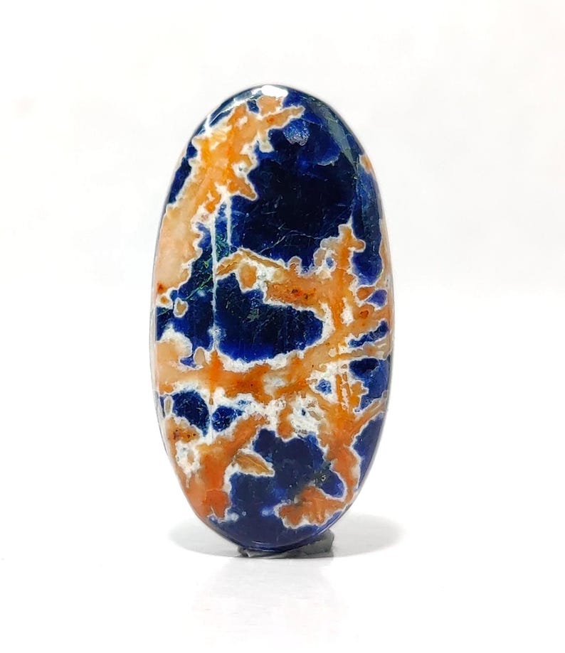 May include: An oval-shaped polished gemstone cabochon featuring a deep royal blue base colour with intricate, branching patterns of light orange and white mineral inclusions spread across the surface in a dendritic, tree-like formation.
