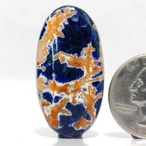 May include: An oval-shaped polished gemstone featuring a deep blue base colour with intricate, branching orange and white patterns. The stone is positioned next to a United States quarter coin for scale, highlighting its size and smooth, reflective surface.
