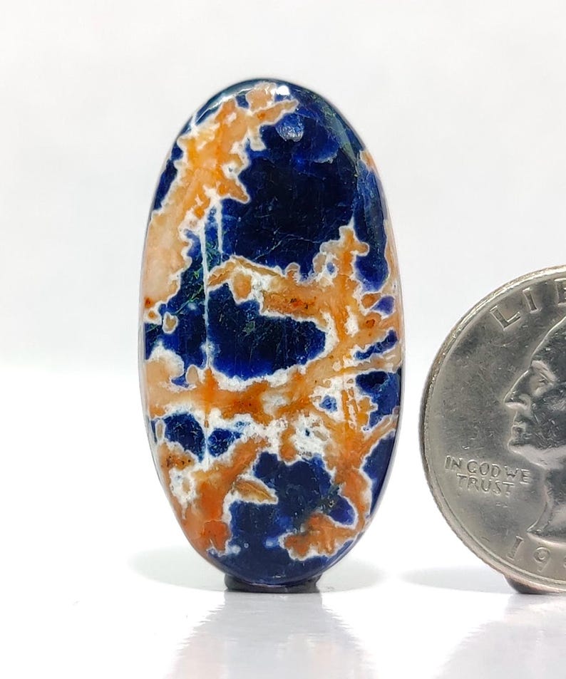 May include: An oval-shaped polished gemstone featuring a deep blue base colour with intricate, branching orange and white patterns. The stone is positioned next to a United States quarter coin for scale, highlighting its size and smooth, reflective surface.