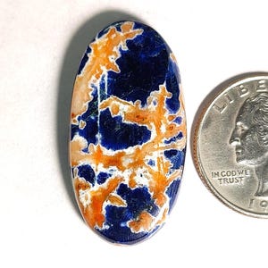 May include: An oval-shaped polished gemstone cabochon featuring a deep blue base colour with intricate, branching patterns of orange and white mineral inclusions, displayed next to a standard United States quarter coin for size reference.