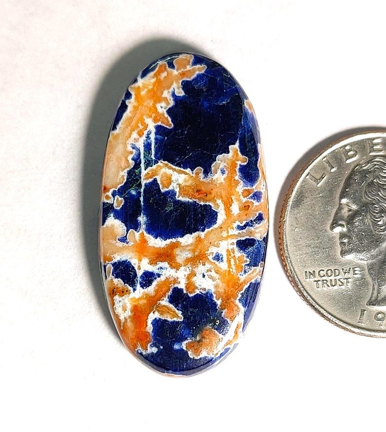 May include: An oval-shaped polished gemstone cabochon featuring a deep blue base colour with intricate, branching patterns of orange and white mineral inclusions, displayed next to a standard United States quarter coin for size reference.