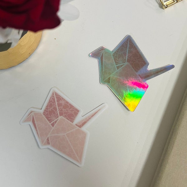 Origami Crane Decal Sticker | Holographic Sakura Flower Die Cut Sticker | Symbol of Peace Sticker