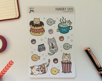 Hungry Cats | Cute Cat Sticker Sheet, Planner Stickers, Bullet Journal Stickers, Scrapbook Stickers