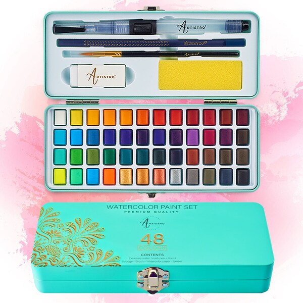 Watercolor Paint Set, 48 Vivid Colors in Portable Tin Box Including Metallic and Fluorescent Colors