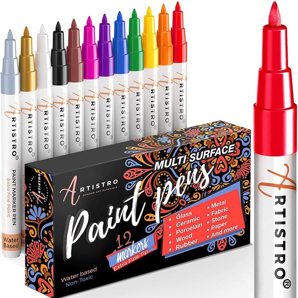 12 Acrylic Paint Markers for Painting Rocks, Stone, Ceramic, Glass, Wood, Canvas (Set of 12 Acrylic Paint Pens Extra-fine tip)