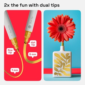 May include: Two gold paint markers with dual tips. The fine tip is 1 mm and the dot tip is 5 mm. The markers are shown against a red background with gold paint trails. The image also shows a red gerbera daisy in a white vase with a gold leaf design against a blue background.