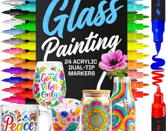 24 Glass Acrylic Paint Markers - Painting Kit for Kids and Adults - Art & Craft Supplies Paint Pens - Dual Tip Brush + Fine