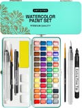 Watercolor Paint Set, 48 Vivid Colors Travel Set in Portable Tin Box Including Metallic and Fluorescent Colors