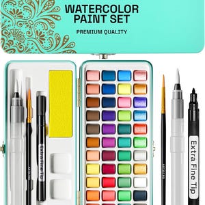 Watercolor Paint Set, 48 Vivid Colors Travel Set in Portable Tin Box Including Metallic and Fluorescent Colors
